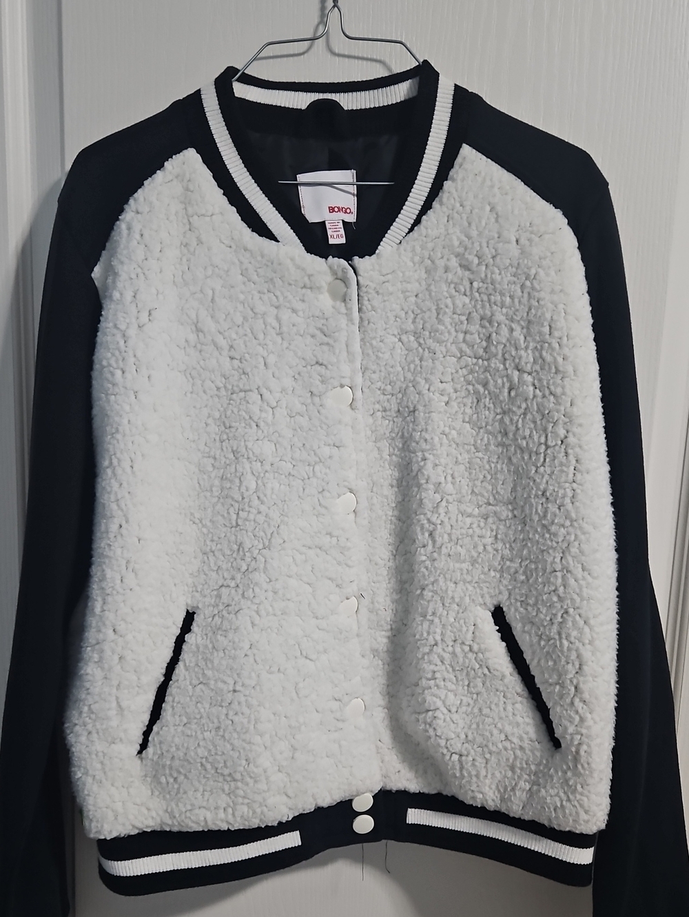 BONGO White Sherpa Bomber Jacket with Black Sleeves